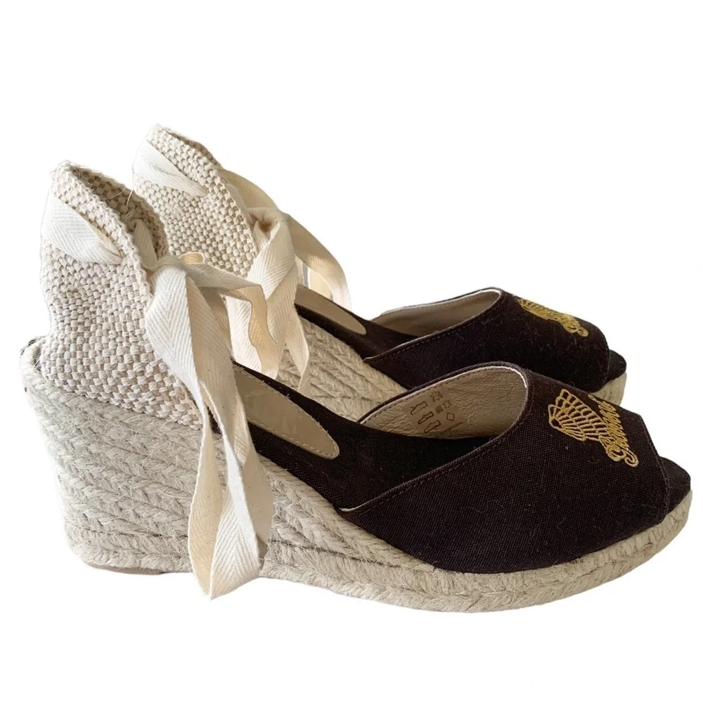 𝅺NWT Ganni Lace-up Jute Wedge Espadrilles Bitter Chocolate Coastal Size 11